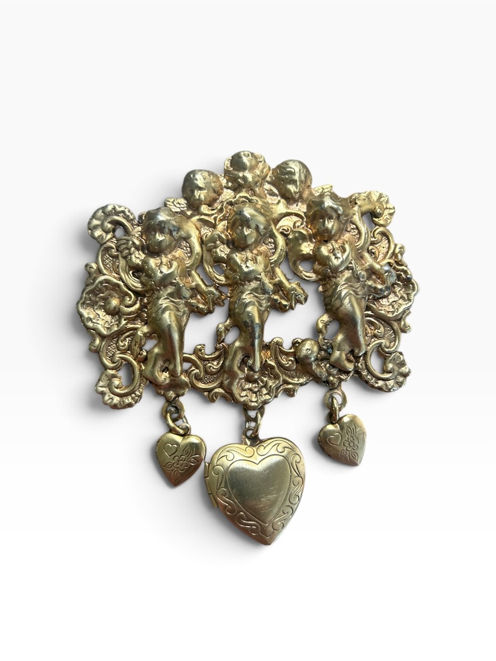 Gold Tone Cherub Heart Locket Dangle Brooch Pin